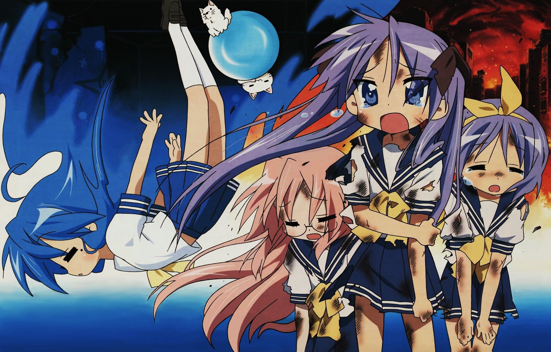ueno chiyoko, hiiragi kagami, hiiragi tsukasa, izumi konata, takara miyuki, yoshimizu kagami (cat), lucky star, urusei yatsura, highres, official art, scan, 4girls, blue eyes, blue hair, cat, closed eyes, mole, mole under eye, multiple girls, parody, pink hair, purple hair, school uniform, serafuku, tears, torn clothes