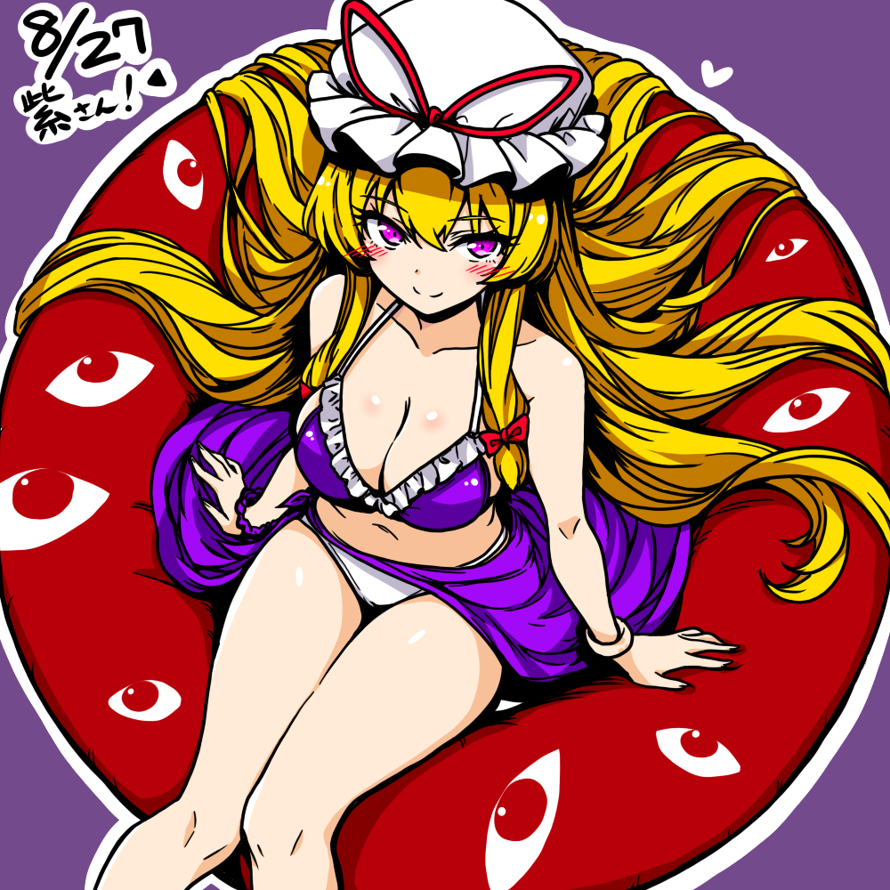 yakumo yukari, touhou, commentary, 1girl, anime coloring, bikini, blonde hair, blush, bow, chirisazame1, closed mouth, collarbone, dated, eye print, feet out of frame, frilled bikini, frills, from above, hair bow, hat, hat ribbon, heart, innertube, long hair, looking at viewer, mob cap, outline, pink eyes, purple background, purple bikini, red bow, red ribbon, ribbon, simple background, sitting, smile, solo, swim ring, swimsuit, very long hair, white hat, white outline