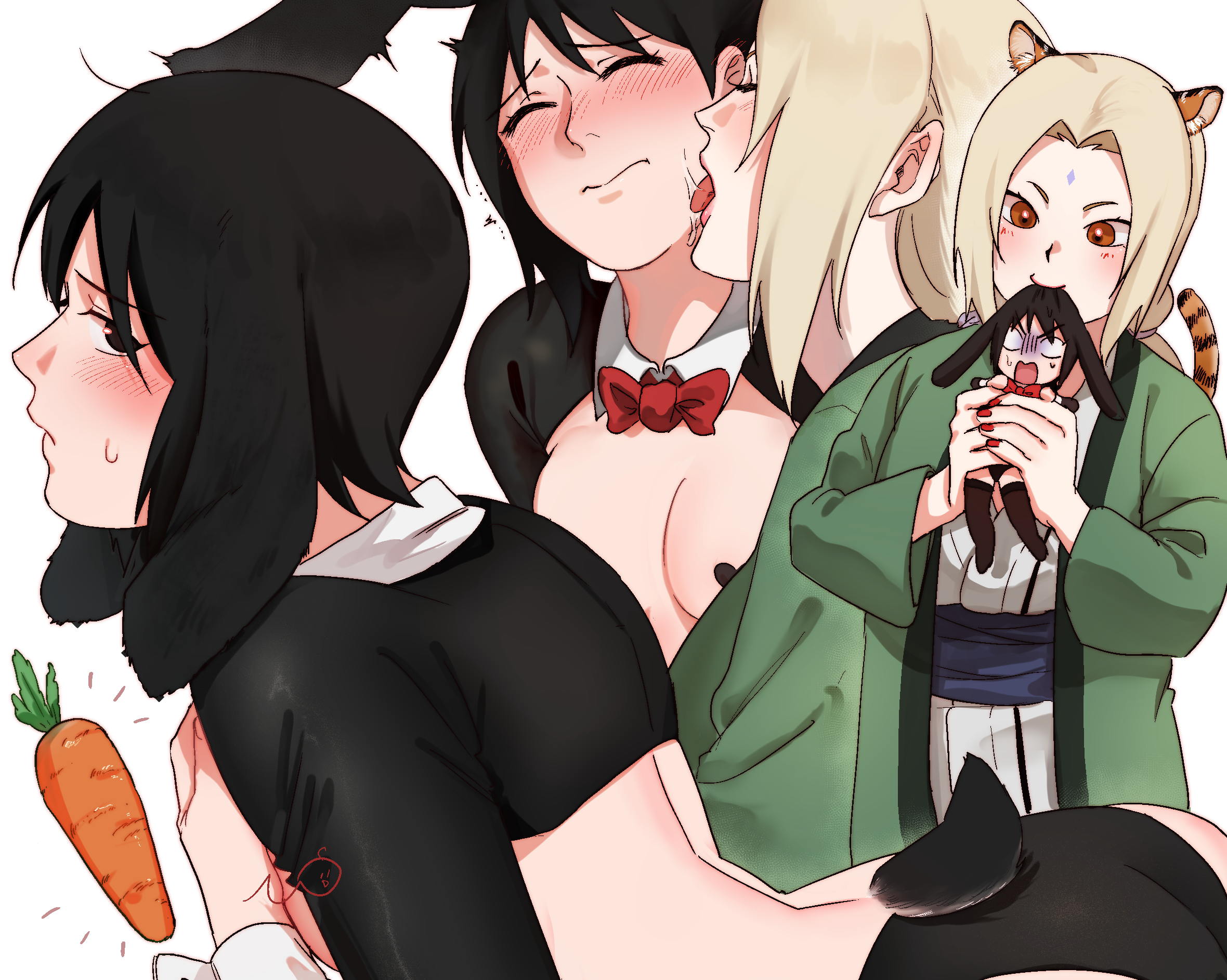 may c, shizune (naruto), tsunade (naruto), naruto (series), commentary request, highres, korean commentary, 2girls, animal ears, biting, black eyes, black hair, black shrug, blonde hair, blush, bow, bowtie, breasts, brown eyes, carrot, chibi, facial mark, forehead mark, green haori, haori, heart pasties, holding, holding mini person, japanese clothes, kemonomimi mode, licking, licking another's cheek, licking another's face, mini person, multiple girls, pasties, rabbit ears, rabbit girl, rabbit tail, raised inner eyebrows, red bow, red bowtie, red nails, reverse bunnysuit, reverse outfit, saliva, shrug (clothing), signature, small breasts, sweatdrop, tail, tiger ears, tiger girl, tiger tail, tongue, tongue out, yuri