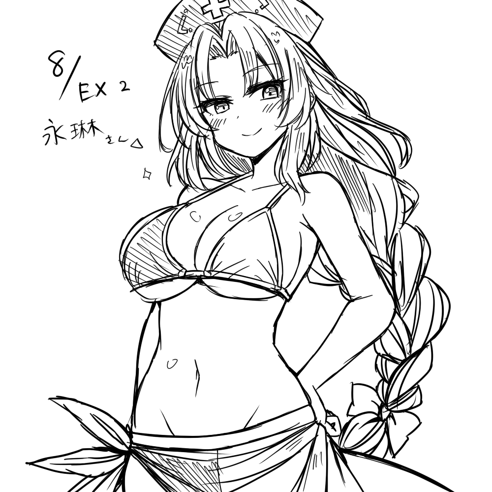 yagokoro eirin, touhou, commentary, 1girl, braid, braided ponytail, breasts, chirisazame1, cleavage, constellation print, greyscale, groin, hat, large breasts, long hair, looking at viewer, monochrome, navel, nurse cap, parted bangs, sarong, simple background, sketch, solo, trigram, upper body
