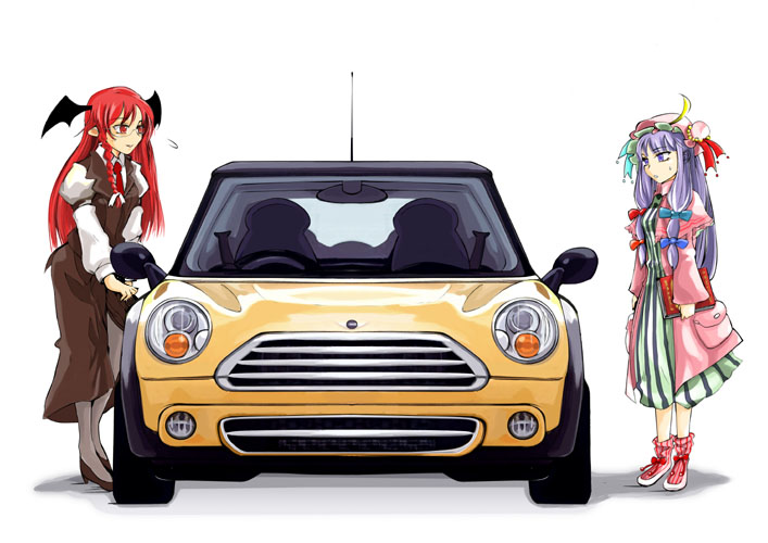 morisoban, koakuma, patchouli knowledge, embodiment of scarlet devil, mini cooper, touhou, 2girls, car, female focus, full body, head wings, motor vehicle, multiple girls, pantyhose, simple background, standing, vehicle focus, white background, wings