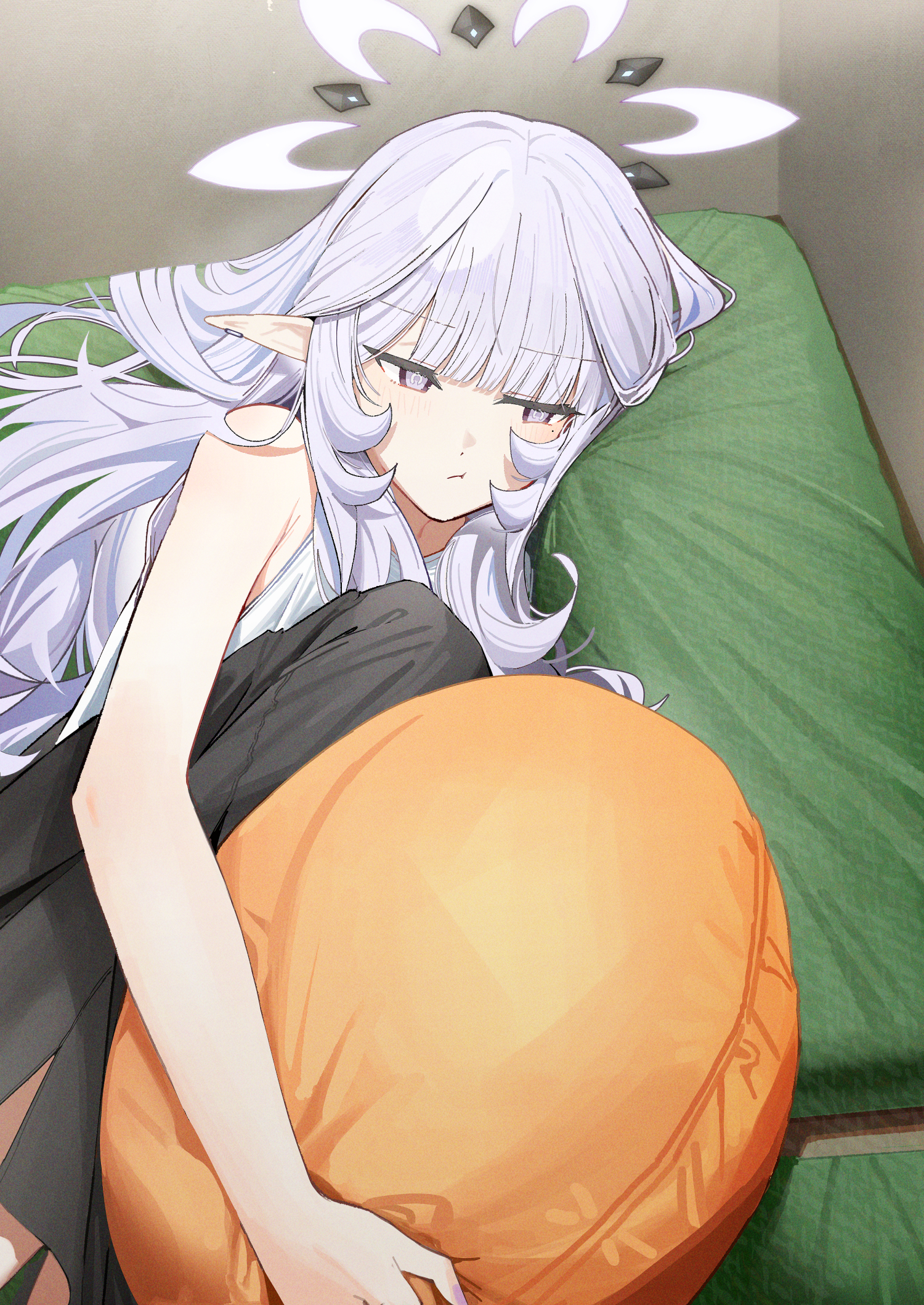 zanya 000, himari (blue archive), blue archive, highres, 1girl, black pants, blunt bangs, casual, halo, holding, holding pillow, knees up, leg up, long hair, long pointy ears, pants, pillow, pointy ears, purple eyes, shirt, sleeveless, sleeveless shirt, solo, very long hair, white hair, white shirt