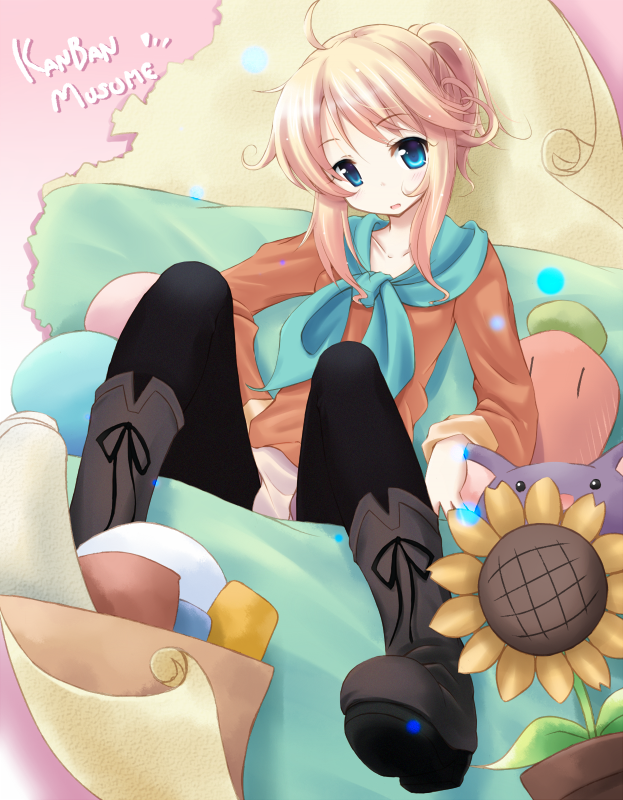 komone ushio, esia mariveninne (komone ushio), original, 1girl, blonde hair, blue eyes, boots, female focus, flower, pantyhose, plant, school uniform, serafuku, sitting, solo, sunflower, ukomone