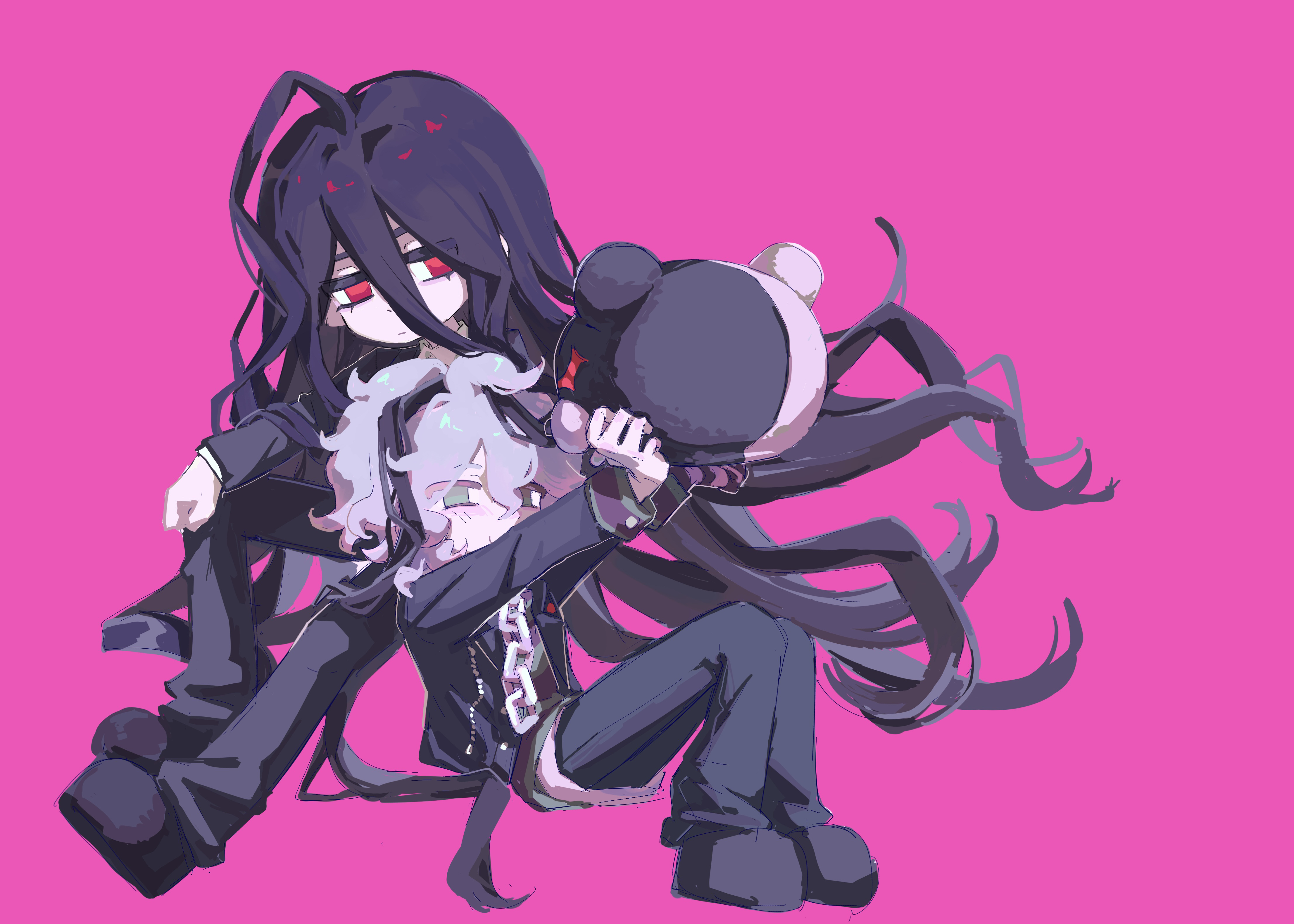 kamukura izuru, komaeda nagito, monokuma, danganronpa (series), danganronpa 2: goodbye despair, danganronpa another episode: ultra despair girls, absurdres, chinese commentary, commentary request, highres, 2boys, absurdly long hair, ahoge, arms up, black hair, black jacket, black pants, black shoes, chain, closed mouth, collared shirt, deformed, double-parted bangs, full body, green eyes, green shirt, grey hair, hair between eyes, hand on own knee, holding, huge ahoge, invisible chair, jacket, jitome, knees apart feet together, knees up, layered sleeves, long hair, long hair between eyes, looking at object, male focus, medium hair, multiple boys, no pupils, open clothes, open jacket, pants, pink background, red eyes, shirt, shoes, simple background, sitting, very long hair, wavy hair, white shirt, zigu707020