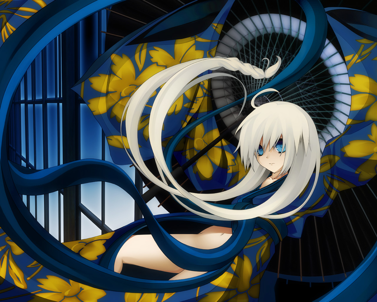 eorx, original, silver hair, 1girl, ahoge, blue eyes, female focus, japanese clothes, long hair, looking at viewer, oil-paper umbrella, solo, thighs, umbrella, very long hair
