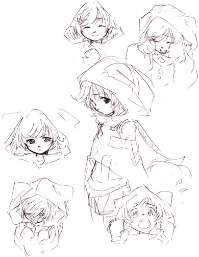 faulklin, sega, shining (series), shining force exa, 1boy, animal ears, blush, child, cloak, closed eyes, dog boy, dog ears, from side, half-closed eyes, hood, hooded cloak, long sleeves, male focus, monochrome, multiple expressions, multiple views, profile, reference sheet, simple background, upper body, white background