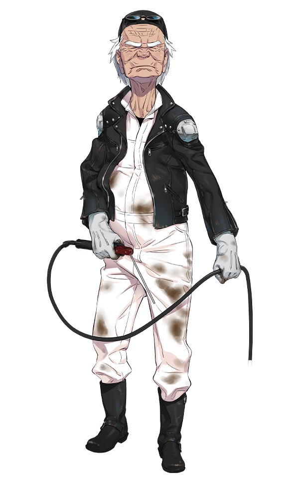 fukuda tomonori, fujita tetsuharu, robotics;notes, science adventure, game cg, official art, 1boy, bandana, black boots, boots, closed eyes, full body, gloves, jacket, jumpsuit, leather, leather boots, leather jacket, male focus, old, old man, pants, shoulder plates, solo, white gloves, white jumpsuit, wrinkled skin