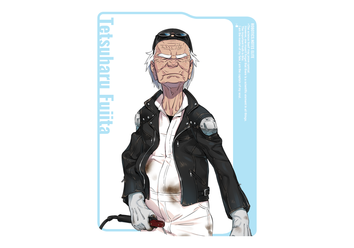fukuda tomonori, fujita tetsuharu, robotics;notes, science adventure, game cg, official art, 1boy, bandana, closed eyes, full body, gloves, jacket, jumpsuit, leather, leather jacket, male focus, old, old man, pants, shoulder plates, solo, white gloves, white jumpsuit, wrinkled skin