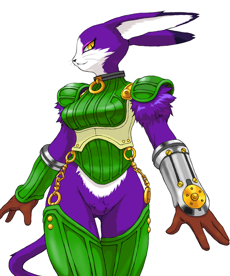 kemonon, mia (.hack//), .hack//, .hack//games, bandai, cyber connect 2, 1girl, animal ears, armor, body fur, bottomless, breasts, cat, female focus, furry, furry female, gloves, jewelry, no panties, rabbit ears, rabbit girl, ring, solo, tail, thigh gap, thighhighs, turtleneck, whiskers, yellow eyes