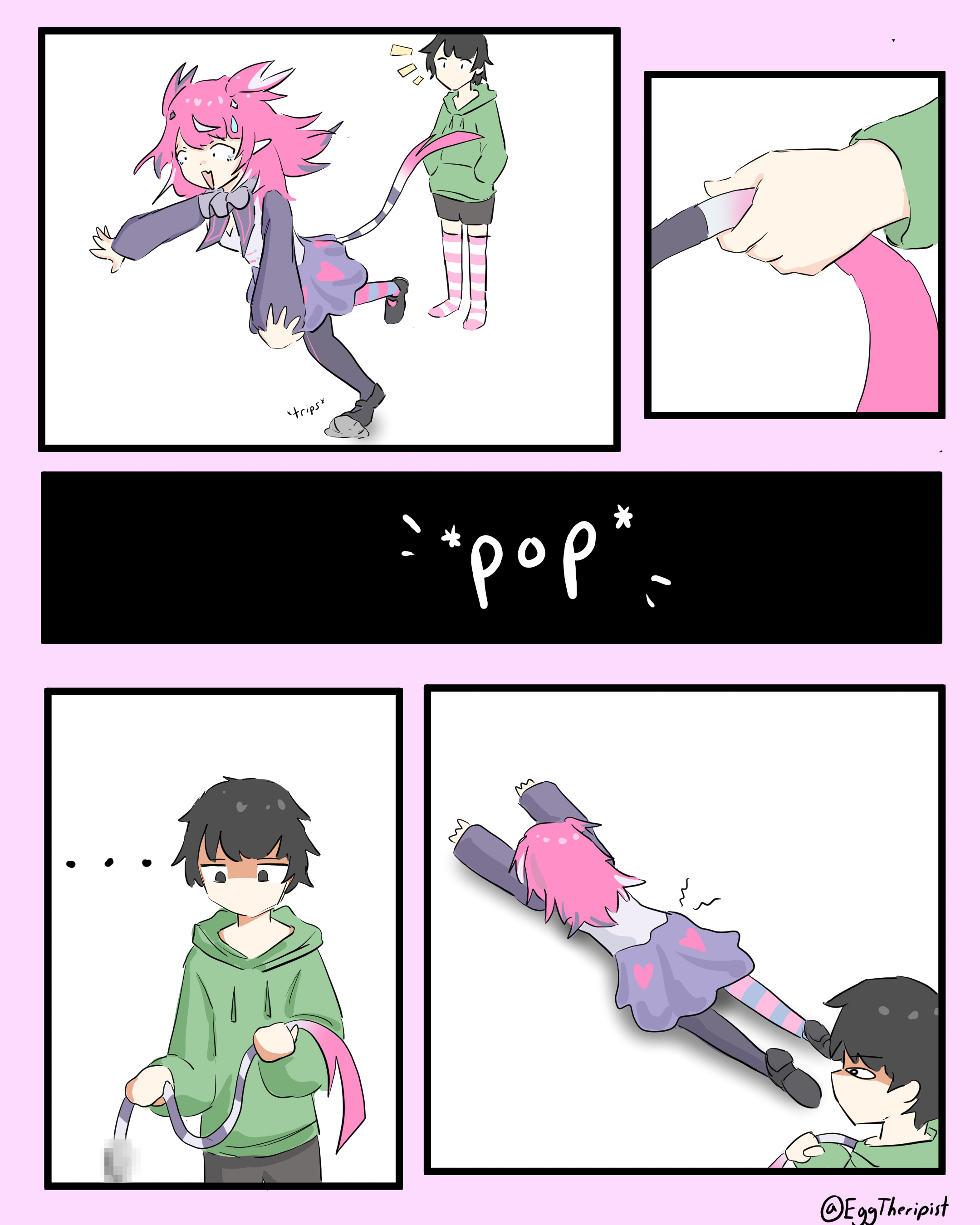 camila (vtuber), vedal987, indie virtual youtuber, imp, absurdres, highres, 1boy, 1girl, black hair, dress, eggtheripist, green hoodie, hood, hoodie, implied tail plug, long hair, multicolored hair, pink hair, pointy ears, tail, thighhighs