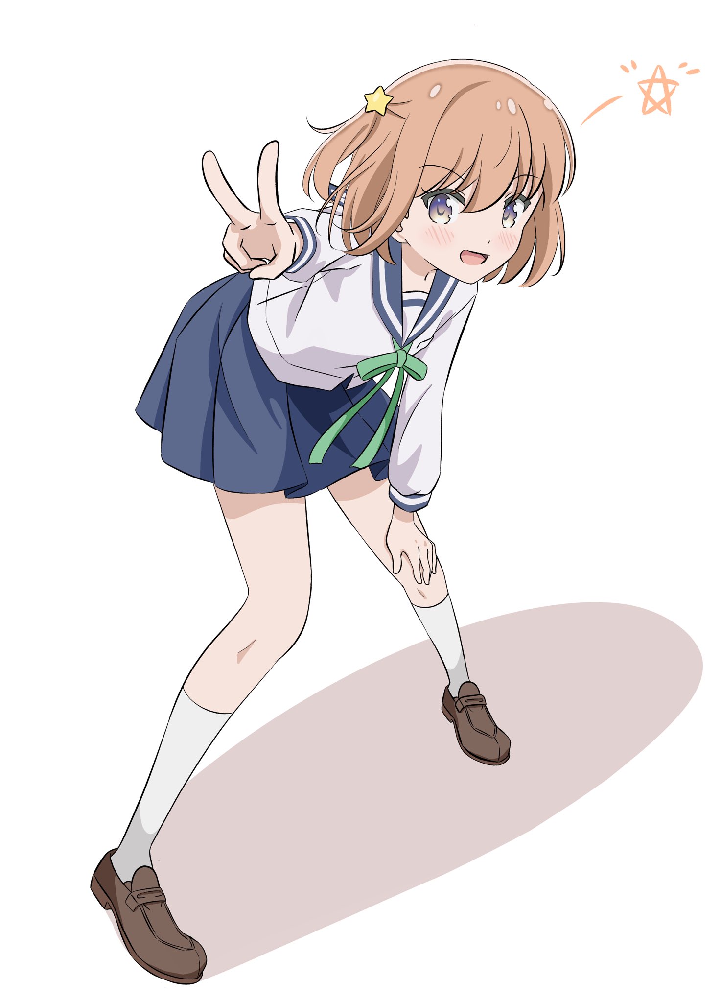 qb (qb46311027), konohata mira, koisuru asteroid, 1girl, blue sailor collar, blue skirt, blush, dot nose, female focus, full body, hair ornament, knees, legs, long sleeves, looking at viewer, multicolored eyes, open mouth, orange hair, ribbon, sailor collar, school uniform, serafuku, shirt, shoes, short hair, skirt, socks, solo, standing, star (symbol), star hair ornament, v, white shirt