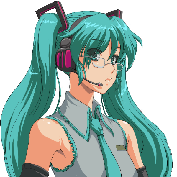 matsudo aya, hatsune miku, vocaloid, 1girl, aqua hair, aqua necktie, armpits, bare shoulders, bespectacled, collared shirt, detached sleeves, female focus, flat chest, glasses, grey shirt, hair ornament, headphones, headset, lips, long hair, looking at viewer, neck, necktie, serious, shirt, simple background, sleeveless, sleeveless shirt, solo, twintails, upper body, white background