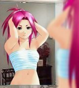 lowres, 1girl, armpits, arms behind head, arms up, bandages, bare shoulders, black eyes, female focus, long hair, mirror, navel, pink hair, ponytail, reflection, sarashi, smile, solo