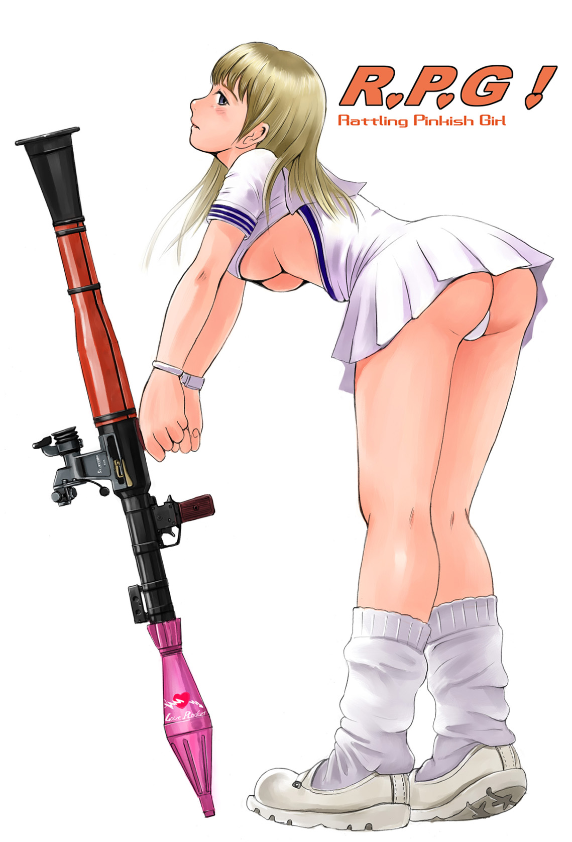 mimura kaoru, original, highres, 1girl, ass, bent over, blonde hair, breasts, cute weapon, female focus, high-explosive anti-tank (warhead), kneepits, large breasts, legs, long hair, loose socks, man-portable anti-tank systems, panties, rocket-propelled grenade, rocket (projectile), rocket launcher, rpg, rpg-7, rpg (weapon), socks, solo, underboob, underwear, weapon