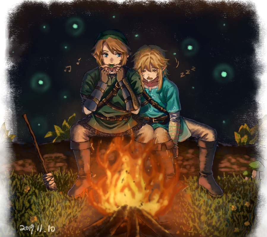 link, nintendo, the legend of zelda, the legend of zelda: breath of the wild, the legend of zelda: twilight princess, 2boys, belt, blonde hair, blue eyes, blue tunic, boots, border, bracer, brown belt, brown boots, brown gloves, brown pants, campfire, closed eyes, dated, drooling, earrings, eighth note, fingerless gloves, gloves, grass, green hat, green mushroom, green tunic, hat, instrument, jewelry, male focus, medium hair, metal gloves, multiple boys, mushroom, music, musical note, night, night sky, pants, playing instrument, pointy ears, quarter note, shirt, sky, star (sky), torch, tunic, white border, white shirt, zuomu9, zzz