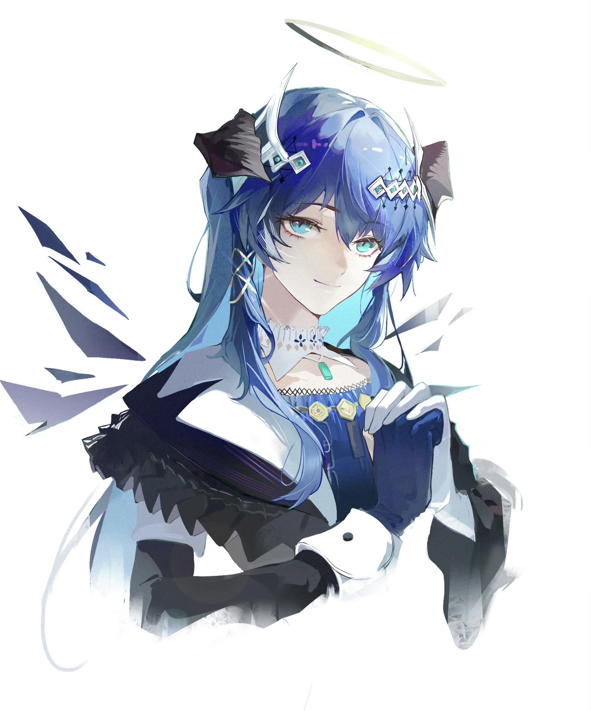 polaris (user rdgx7257), mostima (arknights), mostima (ethereal harmony) (arknights), ambience synesthesia, arknights, absurdres, chinese commentary, commentary request, highres, 1girl, aqua eyes, asymmetrical gloves, black dress, black horns, blue gloves, blue hair, closed mouth, cropped torso, detached wings, dress, gloves, green halo, hair between eyes, hair ornament, halo, horns, jewelry, long hair, looking at viewer, mismatched gloves, official alternate costume, own hands together, pendant, simple background, smile, solo, traditional halo, white background, white gloves, wings