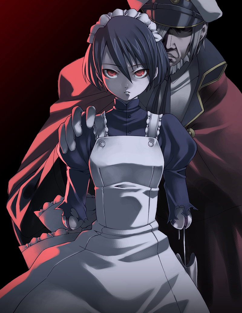 tasaka shinnosuke, mary (soul hackers), victor (soul hackers), devil summoner: soul hackers, devil summoner (series), 1boy, 1girl, android, black hair, frills, maid, red eyes, short hair
