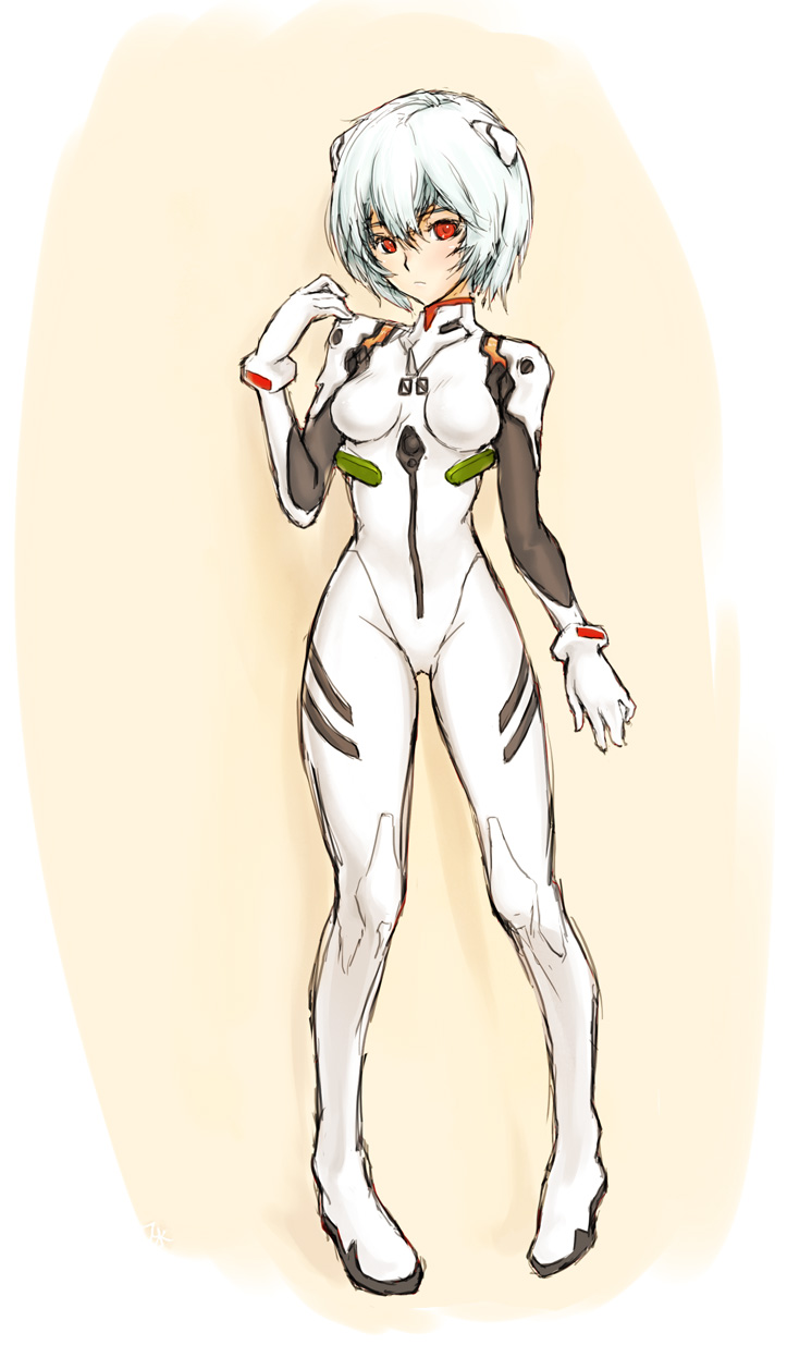 7h2o, ayanami rei, neon genesis evangelion, highres, non-web source, blue hair, mecha pilot suit, plugsuit (evangelion), red eyes, short hair