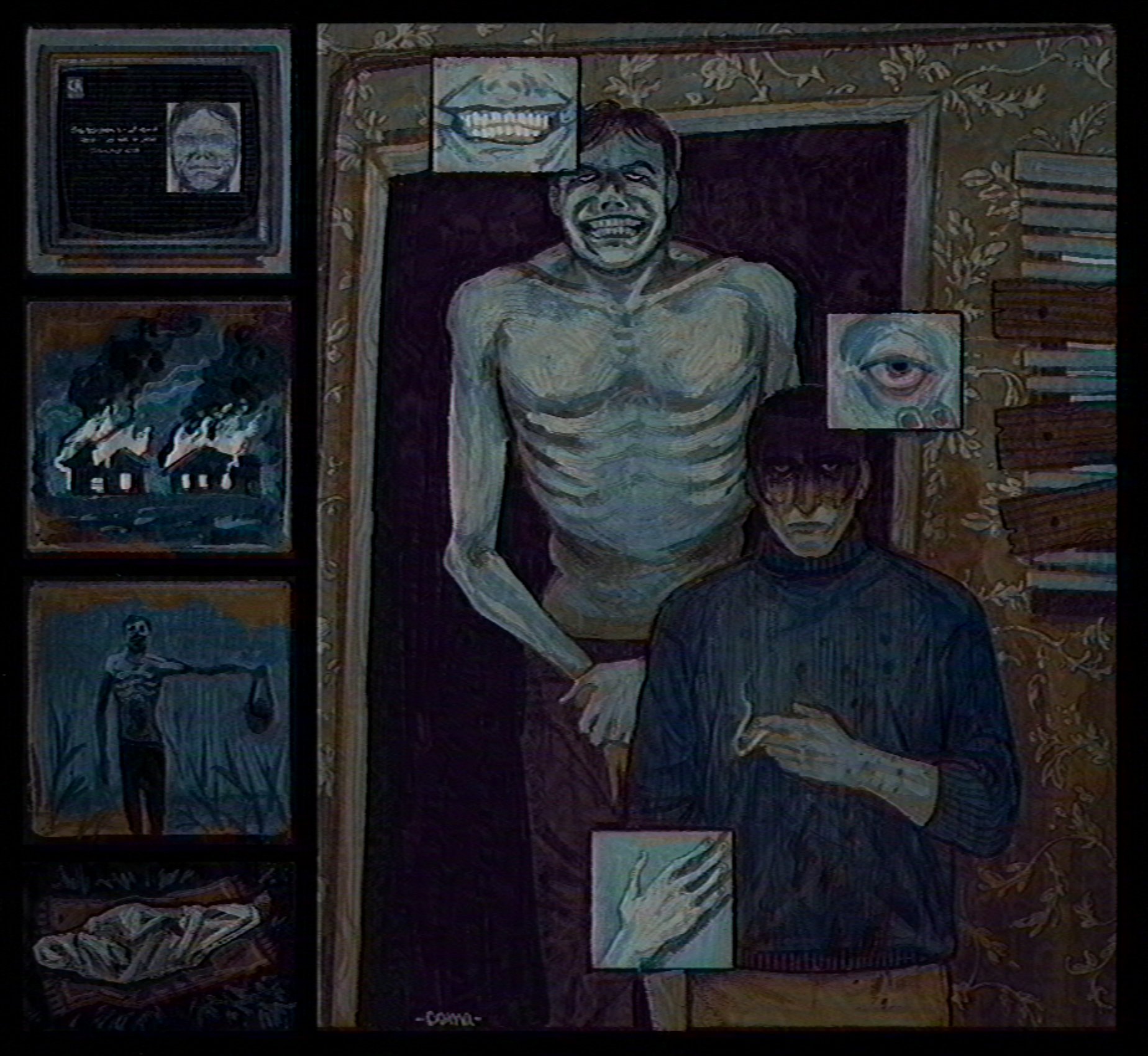 doomedsarcoma, no i'm not a human, commentary, english commentary, highres, 2boys, arm at side, artist name, black border, black hair, blood, blood on clothes, blue sweater, boarded windows, border, brown pants, burning, cheekbones, cigarette, collarbone, corpse, cowboy shot, crazy eyes, crt, doorway, emaciated, evil grin, evil smile, film grain, fire, grin, hair slicked back, height difference, holding, holding cigarette, holding own wrist, horror (theme), indoors, intruder (no i'm not a human), light frown, looking at viewer, male focus, multiple boys, multiple views, outstretched arm, pants, protagonist (no i'm not a human), ribbed sweater, ribs, serious, shaded face, short hair, smile, smoke, smoking, standing, straight-on, sweater, teeth, television, three-quarter sleeves, wallpaper (object), window blinds