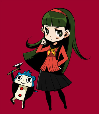 takeshiko, amagi yukiko, kuma (persona 4), atlus, persona, persona 4, bad id, bad pixiv id, lowres, 1girl, axe, chibi, green hair, hairband, hatchet, hatchet (axe), headband, pantyhose, school uniform, serafuku, skirt, weapon