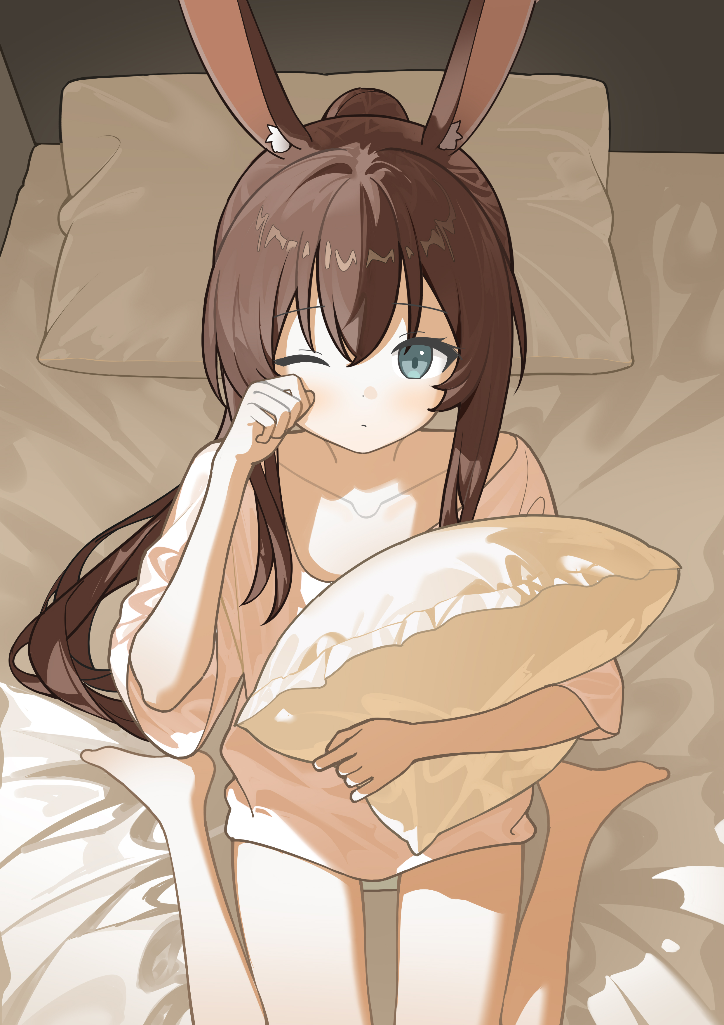 nagisa (cxcx5235), amiya (arknights), arknights, absurdres, chinese commentary, commentary request, highres, partial commentary, 1girl, animal ears, brown hair, closed mouth, collarbone, from above, green eyes, hair between eyes, holding, holding pillow, long hair, looking at viewer, on bed, one eye closed, pillow, rubbing eyes, shirt, sitting, solo, t-shirt, waking up, wariza, white shirt