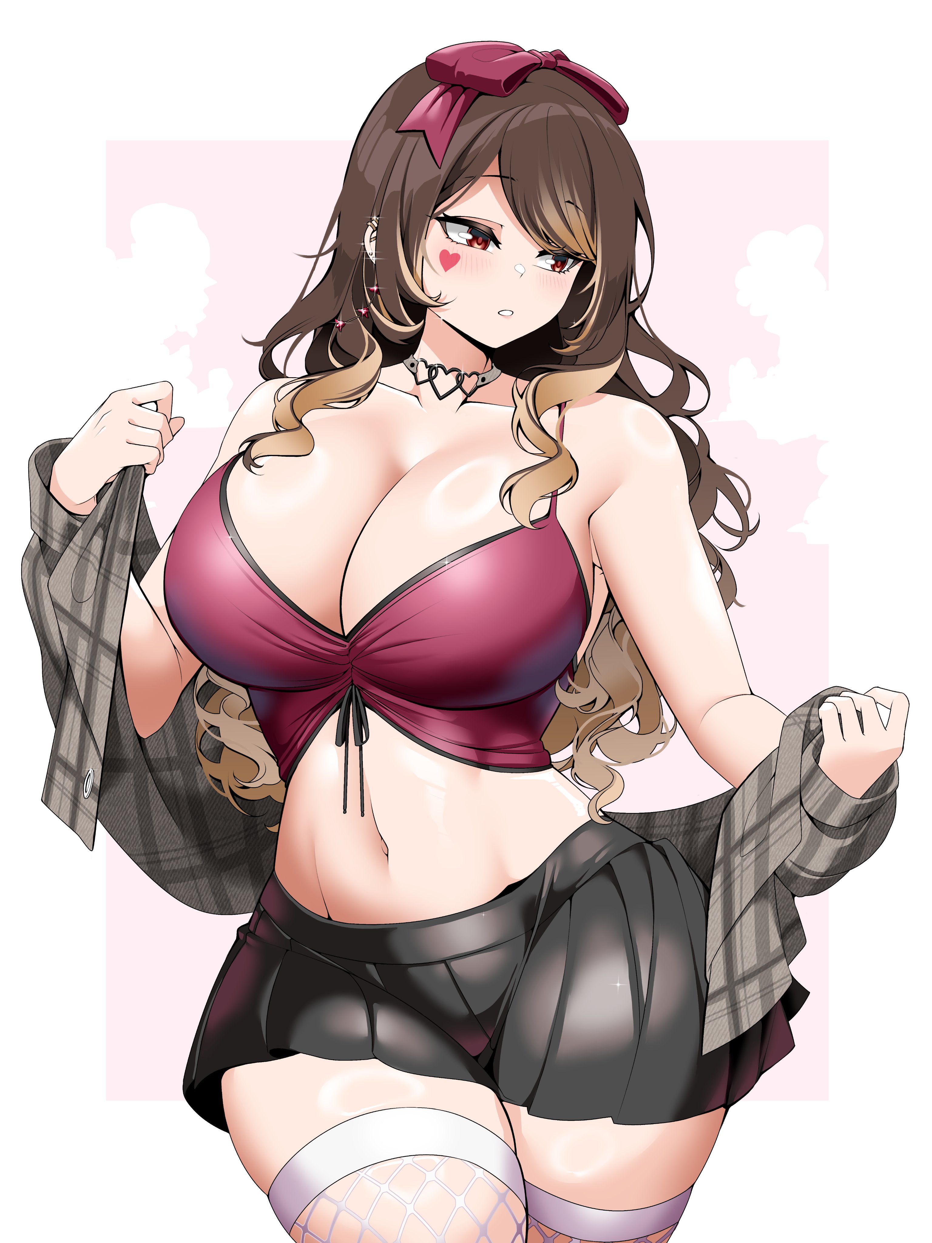 saltnvalk, original, absurdres, commentary, commission, highres, vgen commission, 1girl, bare shoulders, black skirt, bow, breasts, brown hair, choker, cleavage, collarbone, cowboy shot, crop top, facial mark, hair bow, heart, heart choker, heart facial mark, large breasts, long hair, looking to the side, miniskirt, multicolored hair, navel, parted bangs, parted lips, red bow, skirt, solo, stomach, streaked hair, thighhighs, thighs, white background, white thighhighs