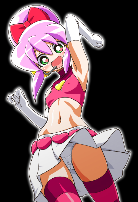 gambler club, my sunshine, battle spirits, battle spirits: shounen toppa bashin, 00s, 1girl, :d, arm up, armpits, bare shoulders, belt, blush, bow, cameltoe, covered erect nipples, crop top, elbow gloves, female focus, flat chest, gloves, green eyes, hair bow, hair bun, headset, heart, heart-shaped pupils, hip focus, idol, looking at viewer, looking down, microphone, microskirt, midriff, miniskirt, navel, open mouth, panties, pantyshot, pink hair, pink thighhighs, pleated skirt, purple hair, shiny skin, short hair, sidelocks, simple background, single hair bun, skirt, smile, solo, standing, striped clothes, striped thighhighs, symbol-shaped pupils, thighhighs, turtleneck, underwear, upskirt, white gloves, wide hips, zettai ryouiki