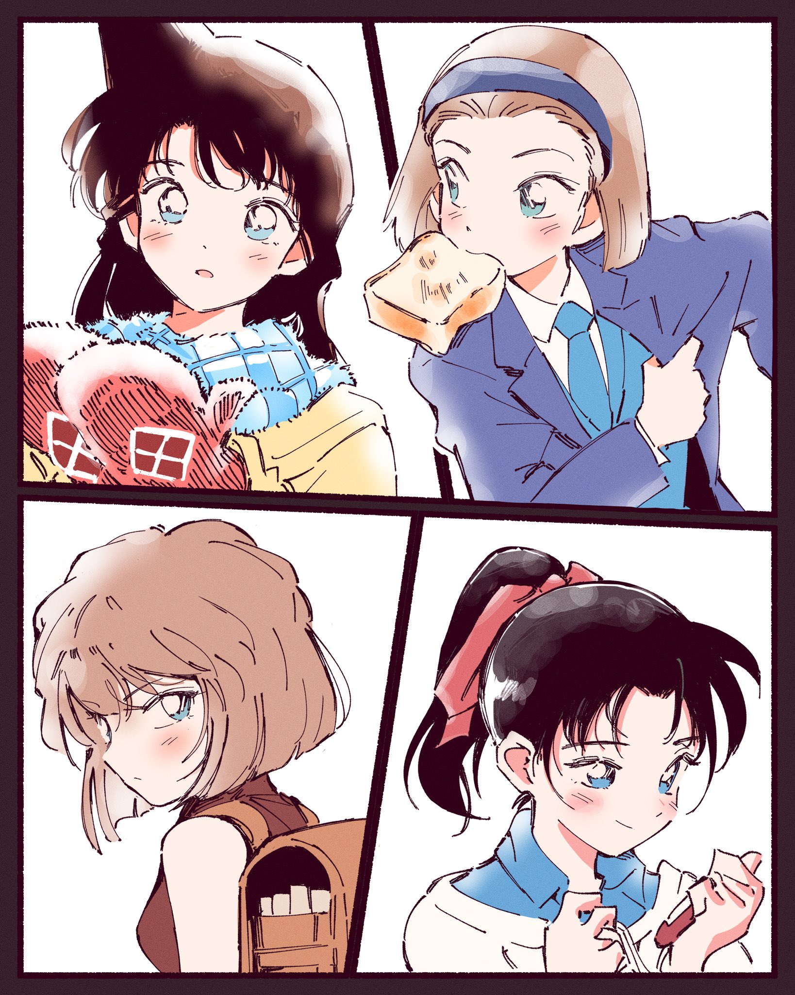 polo tokki, haibara ai, mouri ran, suzuki sonoko, tooyama kazuha, meitantei conan, highres, 4girls, adjusting clothes, backpack, bag, black border, black hair, blonde hair, blue eyes, blue hairband, blue jacket, blue necktie, blue scarf, blue shirt, blue suit, blue vest, blush, border, bread, bread slice, breasts, brown bag, brown hair, brown shirt, coat, collared shirt, crossed bangs, food, food in mouth, formal clothes, hair between eyes, hair ribbon, hairband, jacket, long hair, medium breasts, mittens, mouth hold, multiple girls, necktie, parted lips, ponytail, red mittens, red ribbon, ribbon, scarf, shirt, short hair, smile, spiked hair, straight hair, suit, suit jacket, toast, toast in mouth, upper body, vest, waistcoat, wavy hair, white background, yellow coat