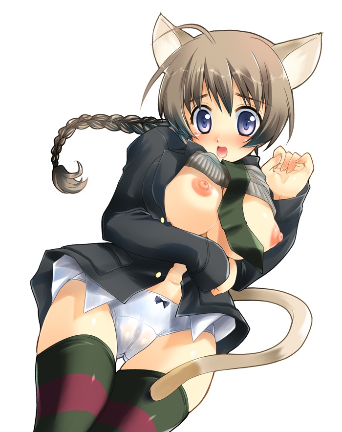 kurosawa kiyotaka, lynette bishop, strike witches, world witches series, multicolored legwear, 00s, 1girl, animal ears, braid, breasts, brown hair, cameltoe, clothes lift, cowboy shot, female focus, large breasts, nipples, panties, purple eyes, shirt lift, single braid, solo, striped clothes, striped thighhighs, tail, tears, thighhighs, underwear