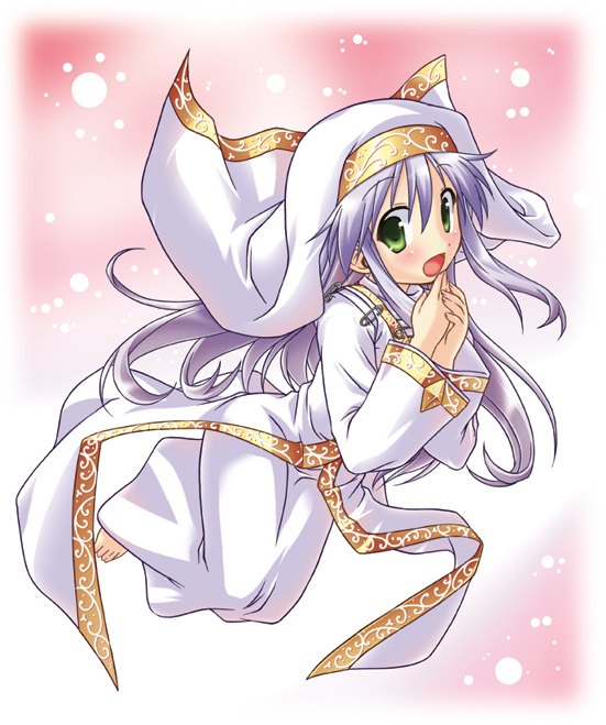 akari ryuryuwa, index (toaru majutsu no index), toaru majutsu no index, toaru majutsu no index: old testament, silver hair, 00s, 1girl, :d, blush, female focus, green eyes, long hair, long sleeves, looking at viewer, nun, open mouth, pink background, robe, simple background, smile, solo, tareme