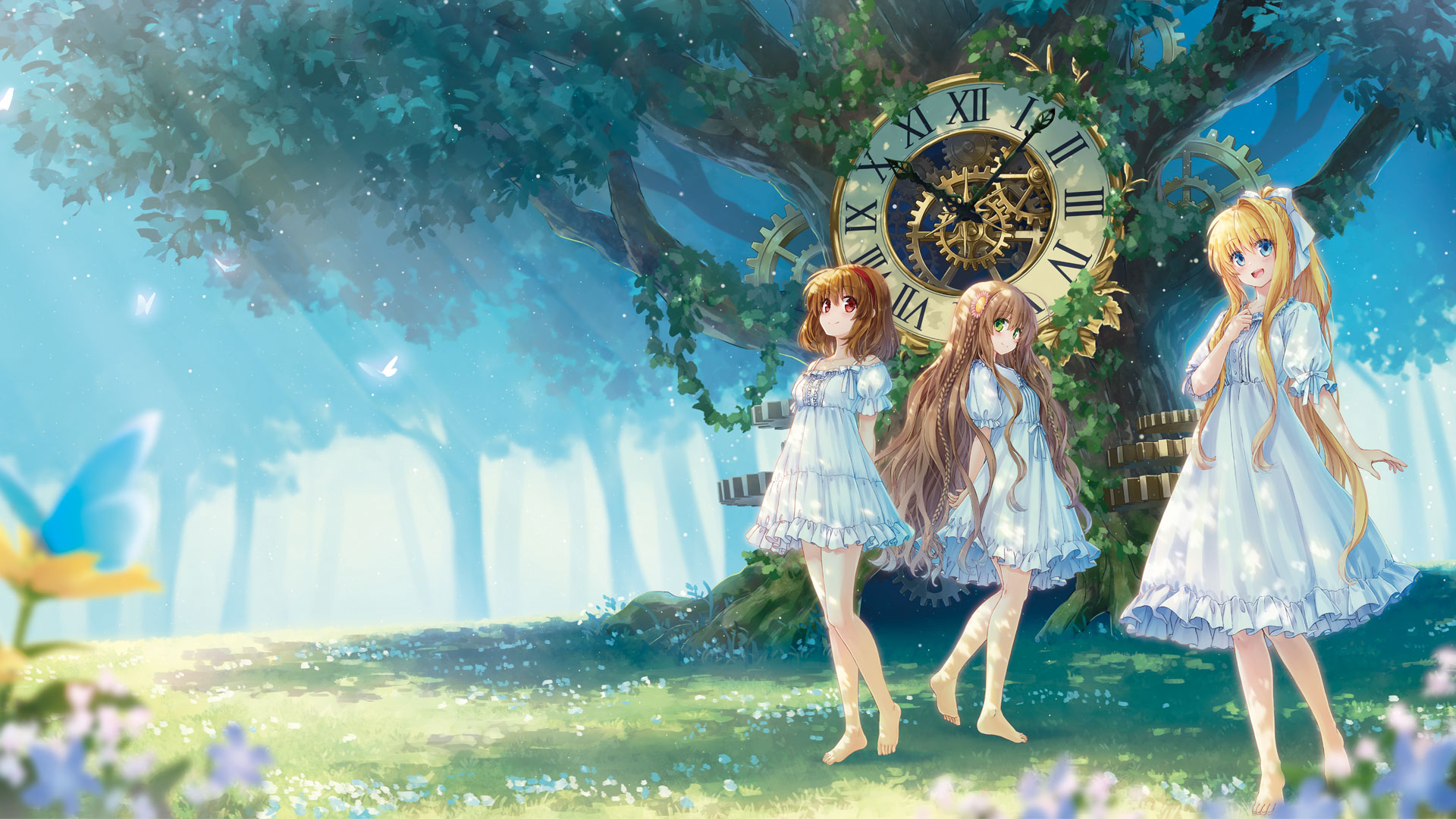 kamio misuzu, kanbe kotori, tsukimiya ayu, air (visual novel), kanon, key (company), rewrite, artist request, highres, official art, promotional art, 3girls, :d, ahoge, alternate costume, arm at side, arms behind back, bare shoulders, barefoot, blonde hair, blue butterfly, blue eyes, blue flower, blurry, braid, brown hair, bug, butterfly, clenched hand, clock, closed mouth, collarbone, company connection, contrapposto, crossover, dappled sunlight, day, depth of field, dress, eyes visible through hair, feet, flower, forest, frilled dress, frilled sleeves, frills, full body, gears, glowing butterfly, grass, green eyes, hair between eyes, hair flower, hair ornament, hair ribbon, hairband, hand up, happy, insect, long hair, looking at viewer, medium dress, medium hair, multiple girls, nature, off-shoulder dress, off shoulder, on grass, open mouth, outdoors, pink flower, ponytail, puffy short sleeves, puffy sleeves, red eyes, red hairband, ribbon, roman numeral, scenery, short dress, short sleeves, sidelocks, single hair intake, smile, soles, split mouth, standing, straight hair, sundress, sunlight, toes, tree, twin braids, very long hair, wavy hair, white dress, white ribbon, yellow flower