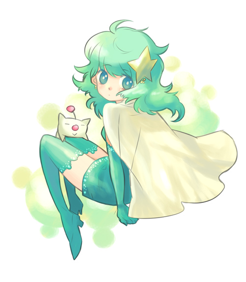 takeshiko, moogle, rydia (adult) (ff4), rydia (ff4), final fantasy, final fantasy iv, bad id, bad pixiv id, 1990s (style), 1girl, blue eyes, boots, cloak, female focus, gloves, green boots, green hair, hair ornament, hairclip, retro artstyle, solo, star (symbol), star hair ornament, thigh boots, thighhighs