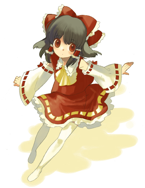 takeshiko, hakurei reimu, touhou, bad id, bad pixiv id, 1girl, black hair, female focus, frills, full body, pantyhose, red eyes, skirt, solo, white background
