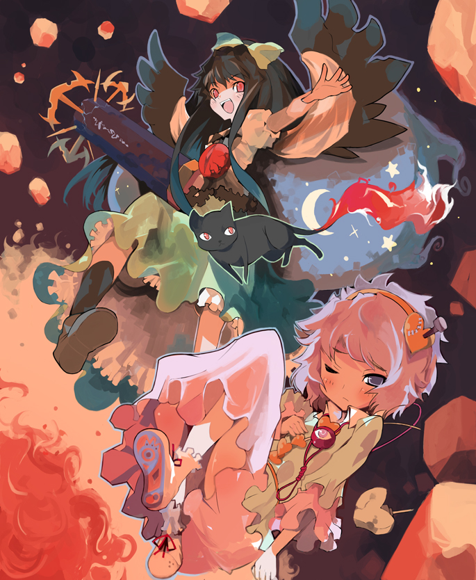 hiruma andon, ke1rou, kaenbyou rin, kaenbyou rin (cat), komeiji satori, reiuji utsuho, touhou, 2girls, arm cannon, cape, cat, female focus, multiple girls, weapon, wings