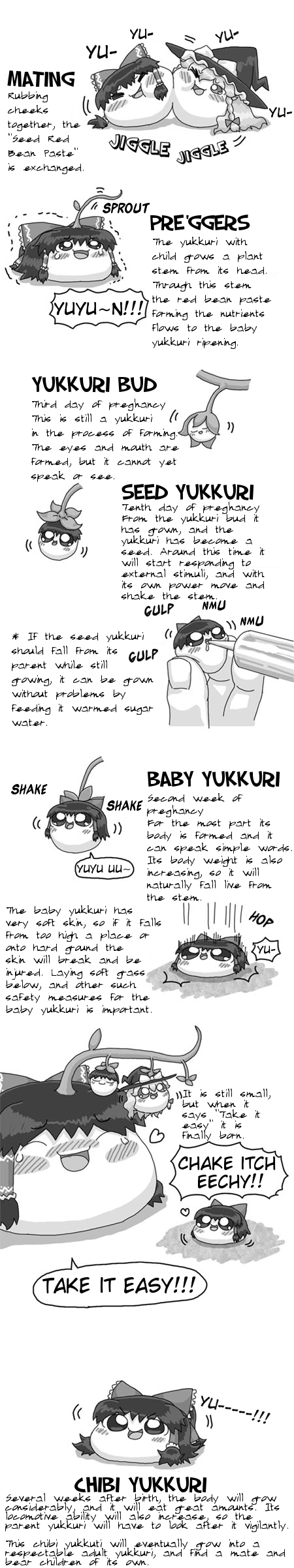 clammbon, hakurei reimu, kirisame marisa, touhou, absurdres, hard-translated, highres, long image, non-web source, tall image, third-party edit, translated, 5girls, comic, english text, female focus, greyscale, hat, monochrome, multiple girls, pregnant, white background, yukkuri shiteitte ne