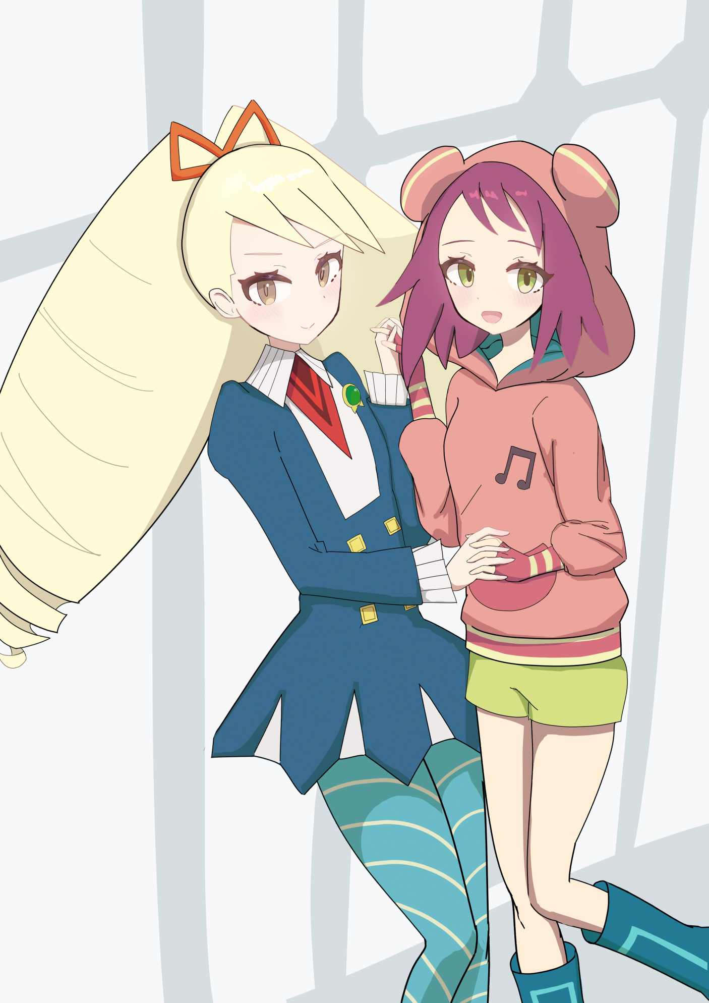 luna platz (mega man), sonia strumm (mega man), mega man (series), mega man star force (series), highres, 2girls, blonde hair, blue boots, blue pantyhose, blue vest, blush, boots, closed mouth, collared shirt, drill hair, fingerless gloves, gloves, green eyes, green shorts, hood, hoodie, horagen, interlocked fingers, long hair, looking at viewer, multiple girls, musical note, musical note print, open mouth, pantyhose, pink hoodie, red gloves, red hair, shirt, shorts, smile, twin drills, very long hair, vest, white shirt, yellow eyes
