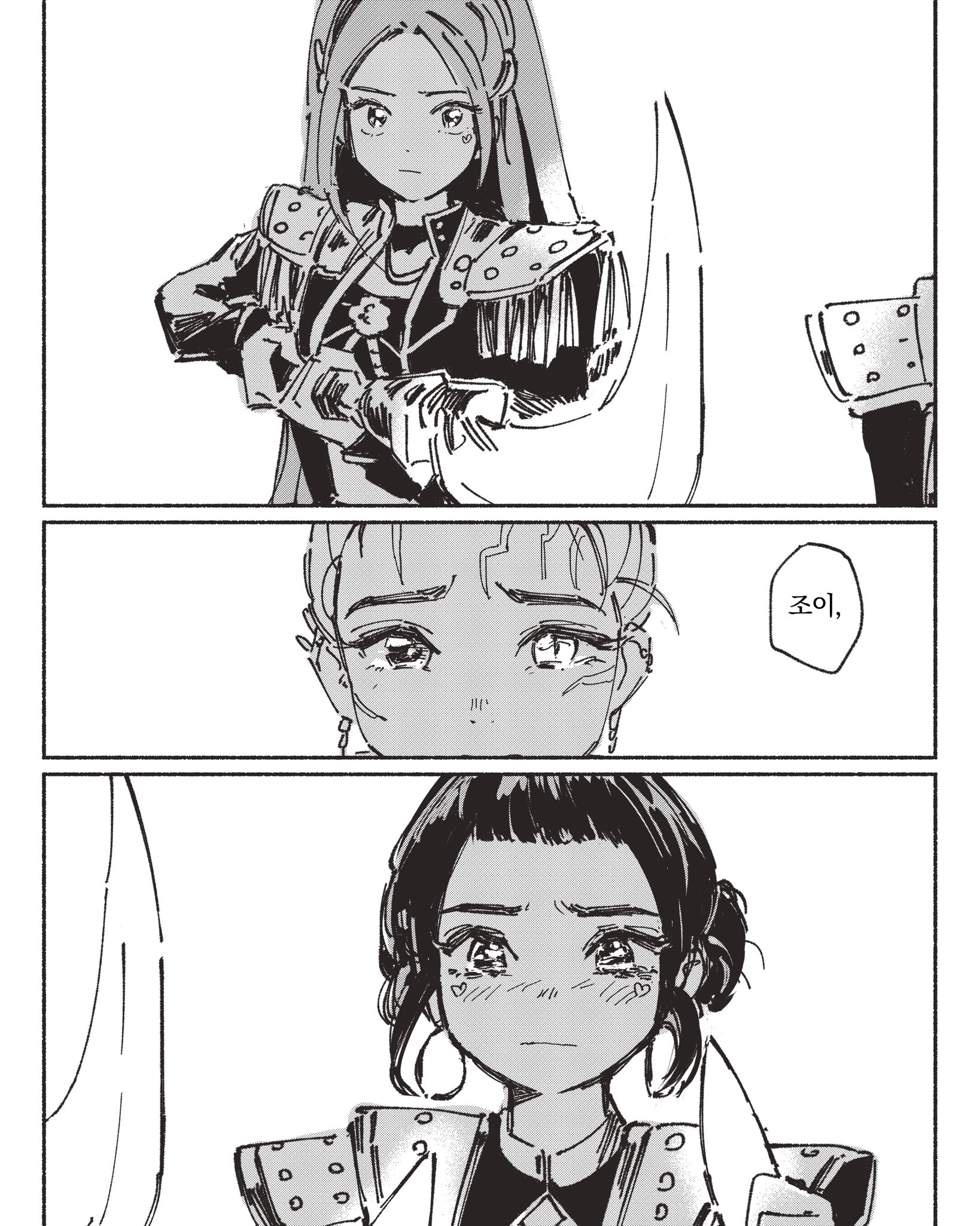 polo tokki, mira (kpop demon hunters), rumi (kpop demon hunters), zoey (kpop demon hunters), kpop demon hunters, highres, 3girls, black hair, blunt bangs, blush, border, crop top, cropped jacket, double bun, earrings, epaulettes, facial hair, furrowed brow, greyscale, hair bun, heterochromia, holding, holding knife, holding polearm, holding weapon, jewelry, knife, long hair, looking at another, monochrome, multiple earrings, multiple girls, parted bangs, polearm, short bangs, short hair, slit pupils, tassel, tears, twintails, upper body, weapon, white background, white border