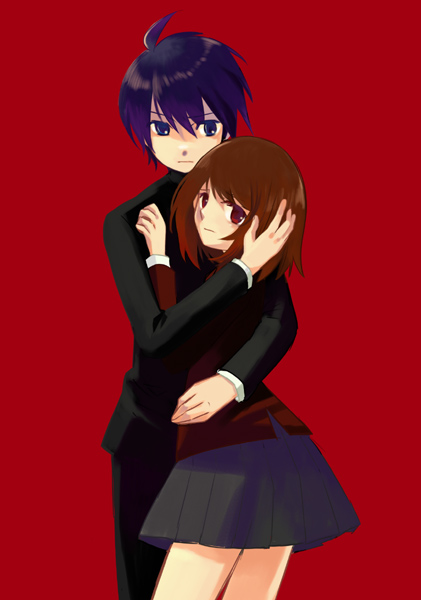 takeshiko, bad id, bad pixiv id, 1boy, 1girl, ahoge, blue eyes, brown hair, couple, hetero, holding, hug, purple hair, red eyes, short hair, skirt