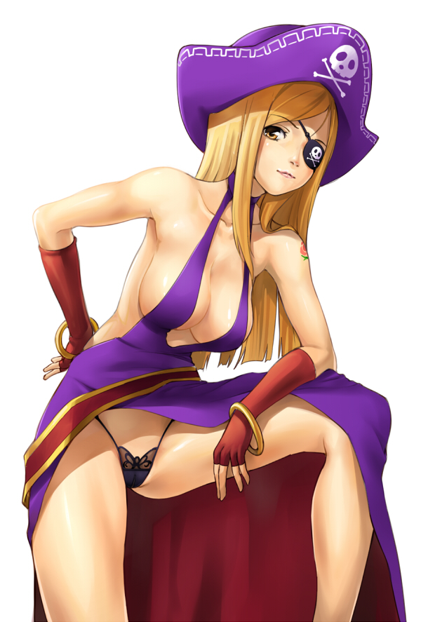 akamaru, b. jenet, b.jenet, fatal fury, garou: mark of the wolves, snk, the king of fighters, bad id, bad pixiv id, 1girl, bare shoulders, belt, black panties, blonde hair, blush, bracelet, breasts, cleavage, collar, curvy, dress, elbow gloves, eyepatch, female focus, fingerless gloves, gloves, hat, highleg, highleg panties, jewelry, large breasts, legs, long hair, muscular, nipples, no bra, panties, pantyshot, pirate, pirate hat, purple panties, sideboob, simple background, skirt, solo, tattoo, thighs, underwear, yellow eyes