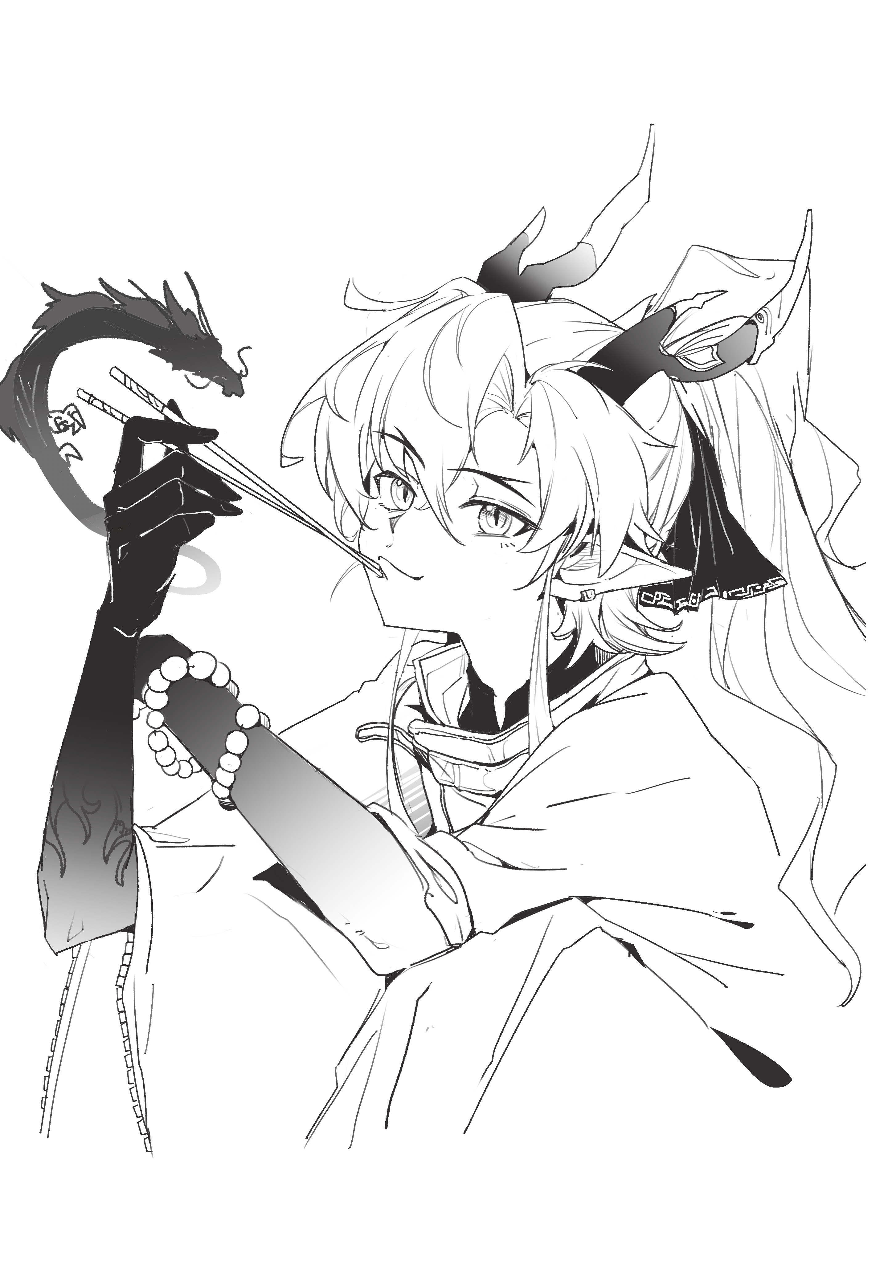 polaris (user rdgx7257), yu (arknights), arknights, absurdres, chinese commentary, commentary request, highres, partial commentary, 1boy, beads, chopsticks, closed mouth, colored extremities, dragon, dragon horns, ear piercing, eastern dragon, greyscale, hair between eyes, hair intakes, holding, holding chopsticks, horns, light smile, lineart, long hair, looking at viewer, male focus, monochrome, piercing, pointy ears, simple background, solo, white background