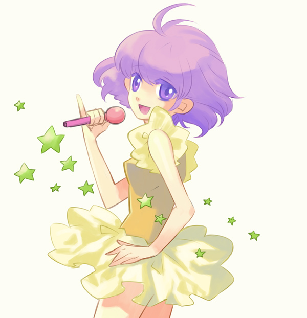 takeshiko, creamy mami, morisawa yuu, mahou no tenshi creamy mami, 1980s (style), bad id, bad pixiv id, 1girl, ahoge, dress, female focus, frills, idol, leotard, magical girl, microphone, oldschool, pinky out, purple eyes, purple hair, retro artstyle, short hair, simple background, solo, star (symbol)