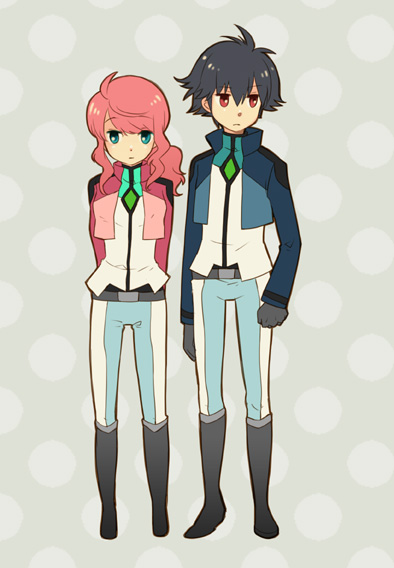 takeshiko, feldt grace, setsuna f. seiei, gundam, gundam 00, bad id, bad pixiv id, 00s, ahoge, belt, black hair, blue eyes, boots, gloves, jacket, pants, pink hair, polka dot, red eyes