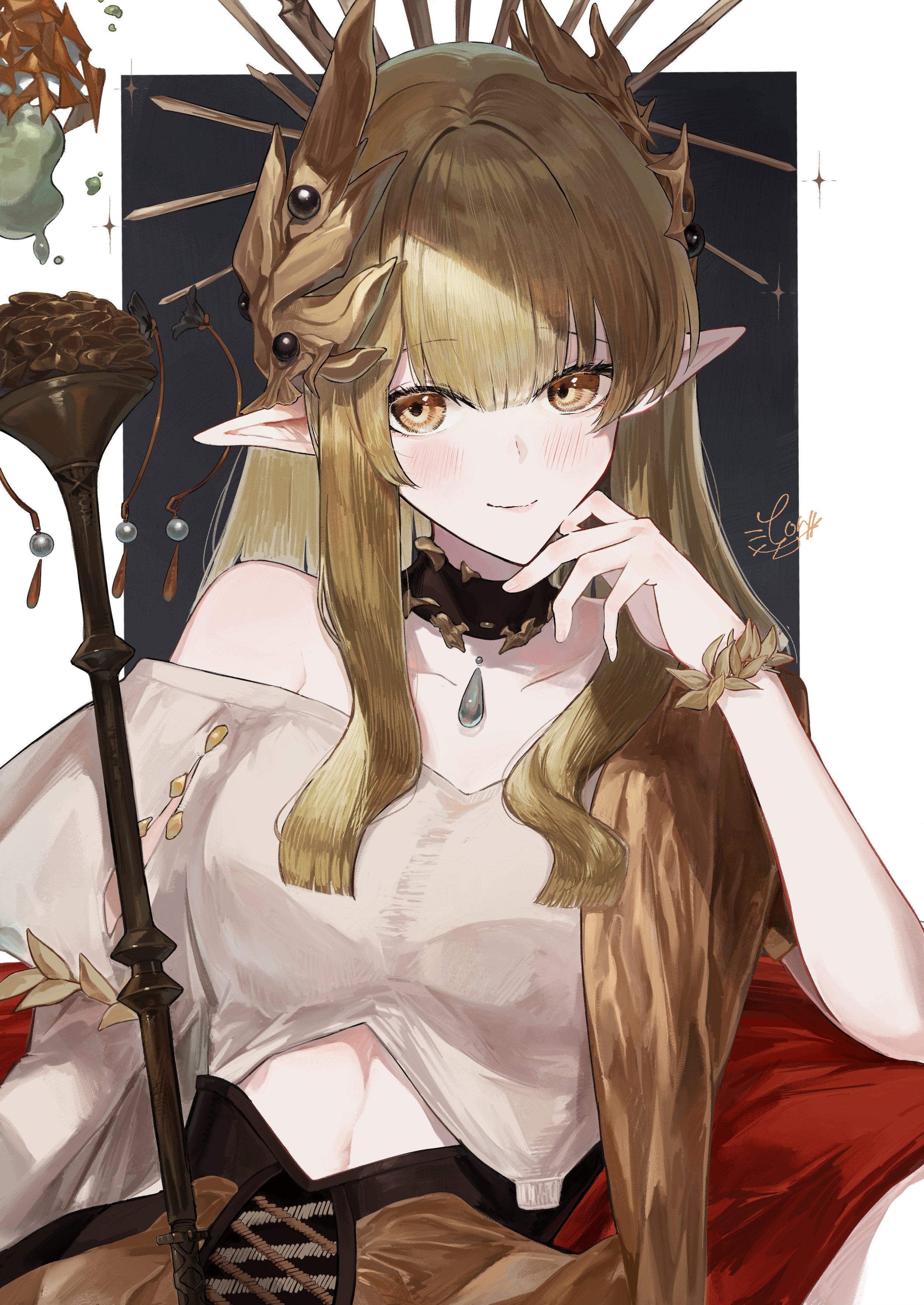 kajuu, muelsyse (arknights), muelsyse (golden reverie) (arknights), ambience synesthesia, arknights, absurdres, commentary, highres, 1girl, bare shoulders, blonde hair, blush, closed mouth, clothing cutout, elf, gold, hair between eyes, hair ornament, head rest, long hair, looking at viewer, navel, navel cutout, off shoulder, official alternate costume, pointy ears, sidelocks, smile, solo, sparkle, yellow eyes