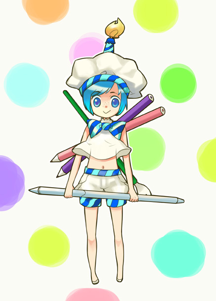 takeshiko, pixiv-tan, pixiv, bad id, bad pixiv id, birthday, blue eyes, blue hair, candle, colored pencil, freckles, hat, oversized object, pen, pencil, short hair, shorts, solo, wooden pencil