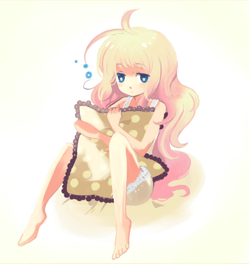 takeshiko, sheryl nome, macross, macross frontier, bad id, bad pixiv id, 00s, 1girl, ahoge, barefoot, blonde hair, blue eyes, feet, female focus, frilled pillow, frills, long hair, pillow, solo, very long hair