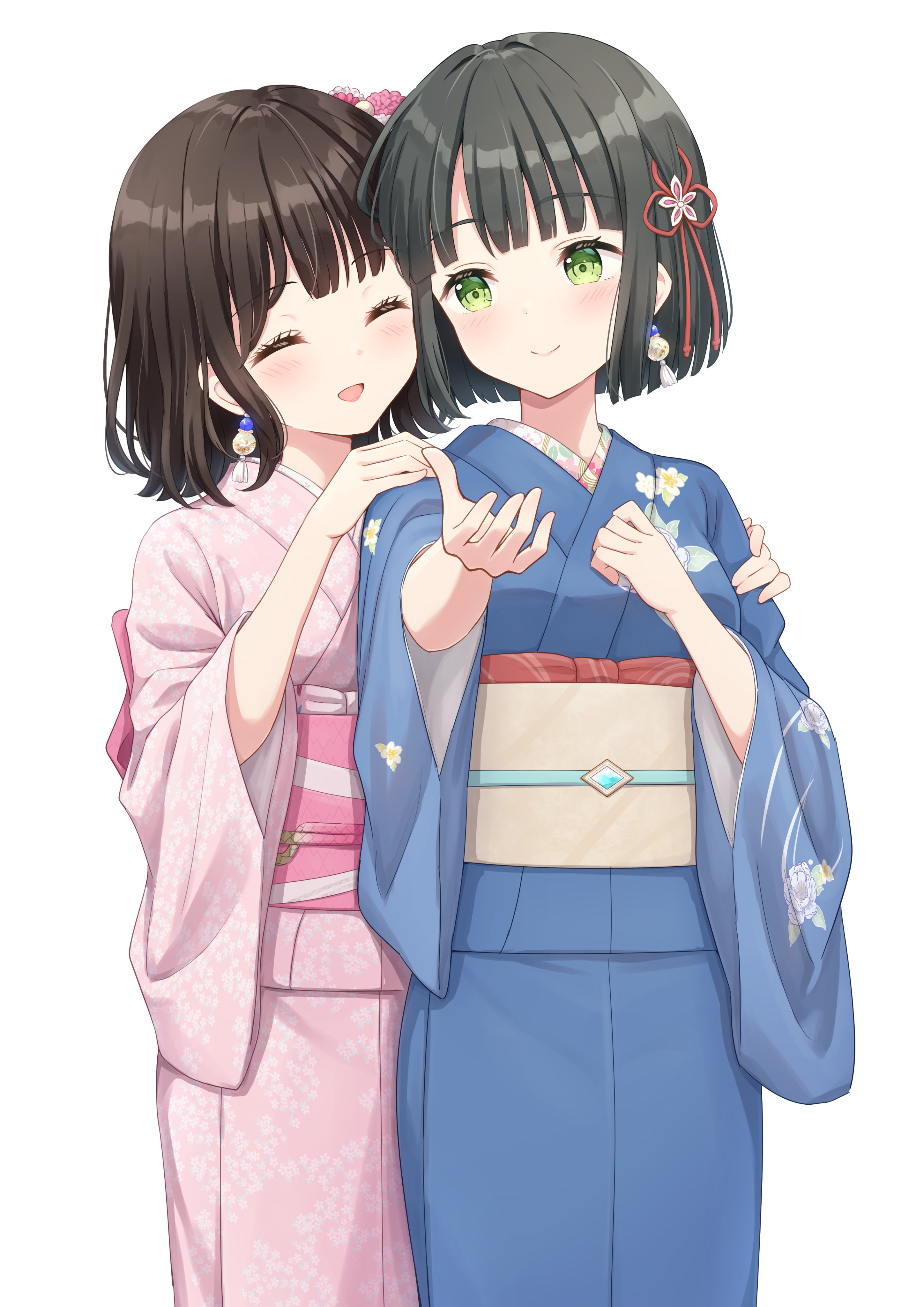 hanazora satsuki, momose ginko, momose ginko (summer casual), link! like! love live!, love live!, real life, absurdres, commentary request, highres, 2girls, :d, ^ ^, animification, black hair, blue kimono, blunt bangs, blunt ends, blush, bob cut, breasts, brown sash, closed eyes, cowboy shot, floral print, floral print kimono, flower, flower knot, flower stand art, green eyes, hair flower, hair ornament, hand on another's arm, hand on another's shoulder, japanese clothes, kimono, long sleeves, medium breasts, multiple girls, obi, obiage, obijime, official alternate costume, open mouth, pink flower, pink kimono, pink sash, print kimono, sakurai hina, sash, short hair, simple background, smile, standing, three-quarter sleeves, virtual youtuber, voice actor, voice actor connection, white background