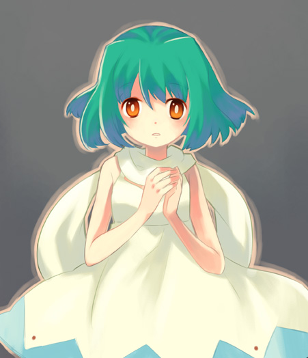 takeshiko, ranka lee, macross, macross frontier, bad id, bad pixiv id, 00s, dress, green hair, orange eyes, scarf, short hair, solo