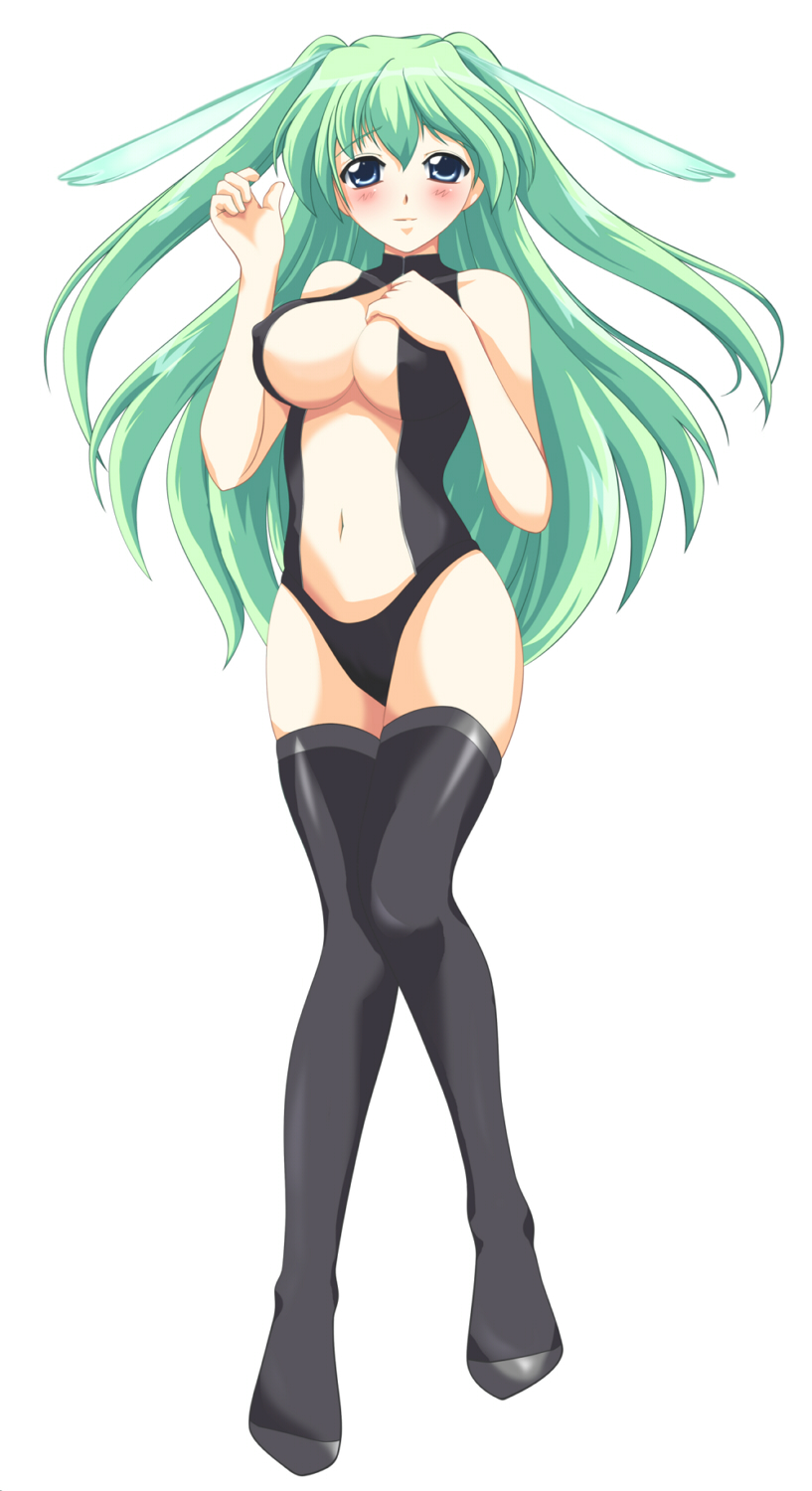 chiivistan, vista-tan, os-tan, highres, blush, breasts, cleavage, covered erect nipples, green hair, large breasts, long hair, solo, thighhighs