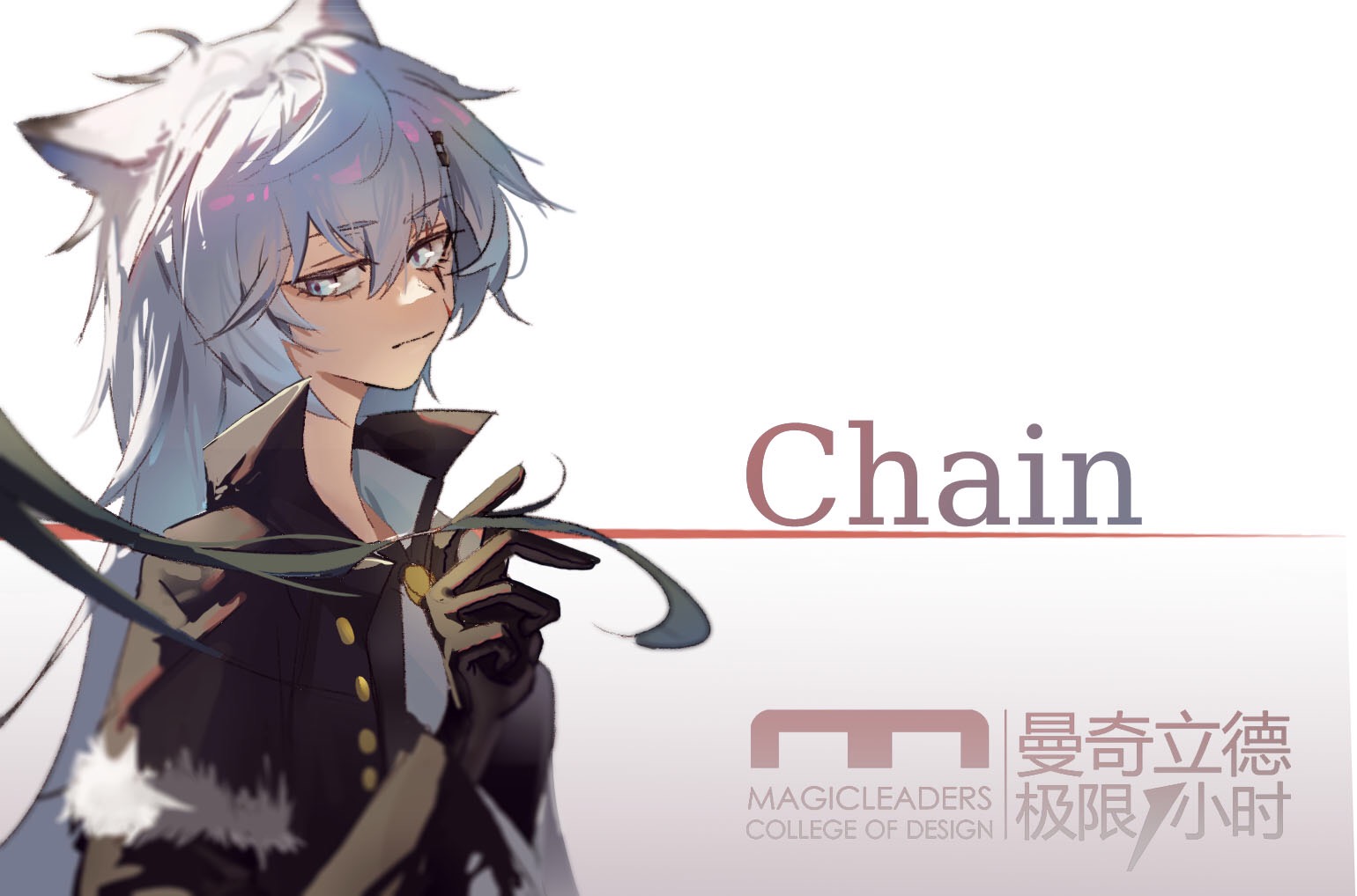 polaris (user rdgx7257), lappland (arknights), lappland (refined horrormare) (arknights), texas (arknights), arknights, chinese commentary, commentary request, 2girls, animal ears, black gloves, black hair, black jacket, blurry, closed mouth, gloves, gradient background, grey background, grey eyes, grey hair, hair between eyes, hair ornament, hairclip, hand in another's hair, holding another's hair, jacket, long hair, magicleaders, multiple girls, official alternate costume, out of frame, scar, scar across eye, scar on face, solo focus, white background, wolf ears, wolf girl
