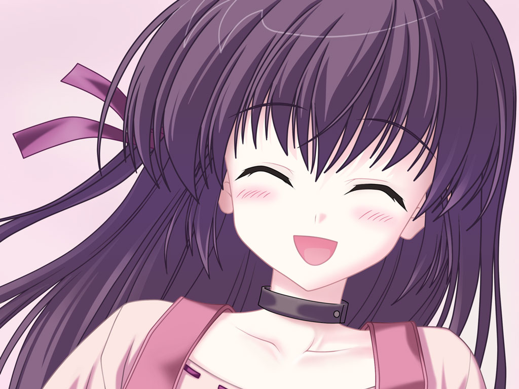 nanao naru, shihou matsuri, sola, 00s, ^ ^, blouse, blush, close-up, closed eyes, hair between eyes, long hair, pink shirt, portrait, purple hair, shirt, simple background, smile, solo, white background